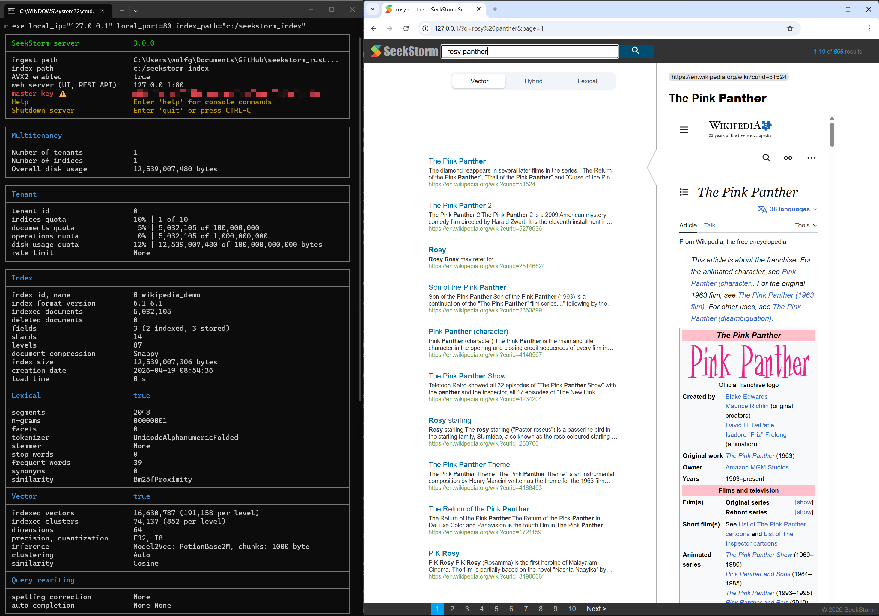 Server info & vector search results